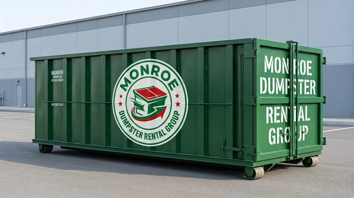 Worker beside a commercial roll-off dumpster from Monroe Dumpster Rental Group in Monroe, NC