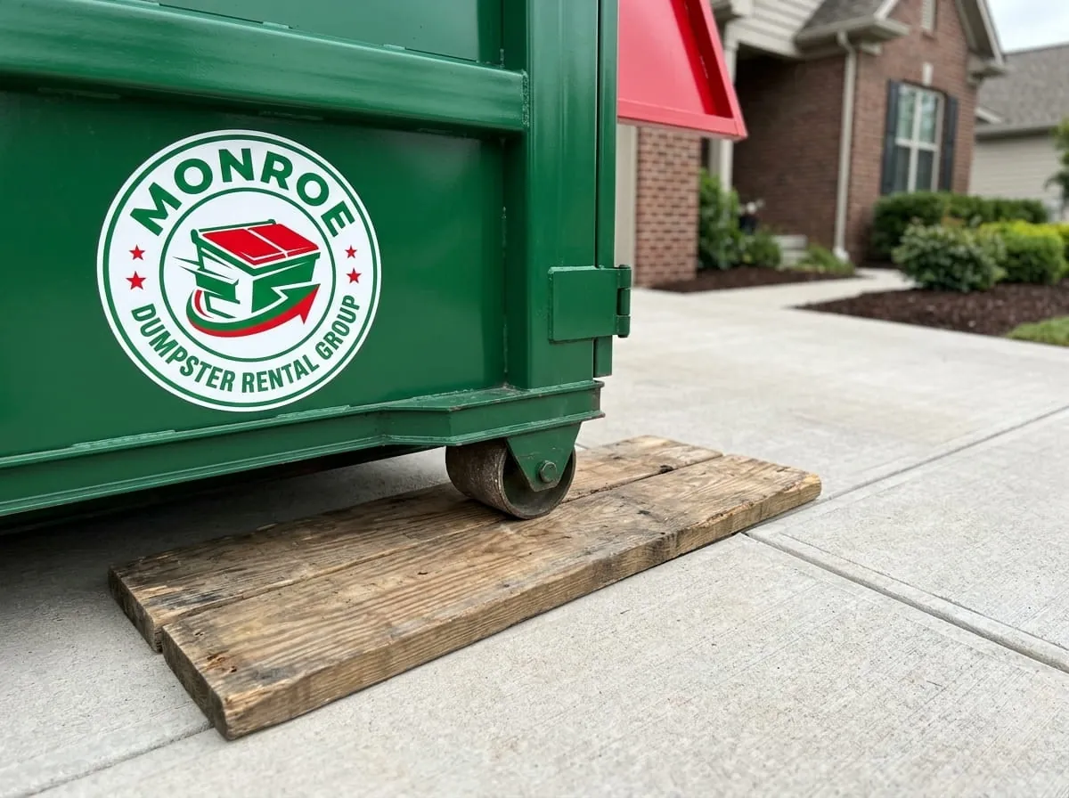 Monroe Dumpster Rental Group truck delivering a roll-off dumpster to a Monroe NC driveway