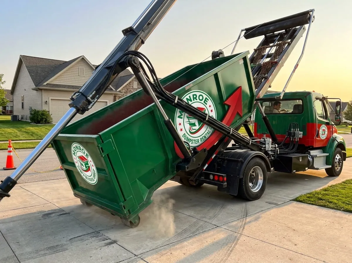 Monroe Dumpster Rental Group fleet of roll-off dumpsters and trucks in Monroe, NC