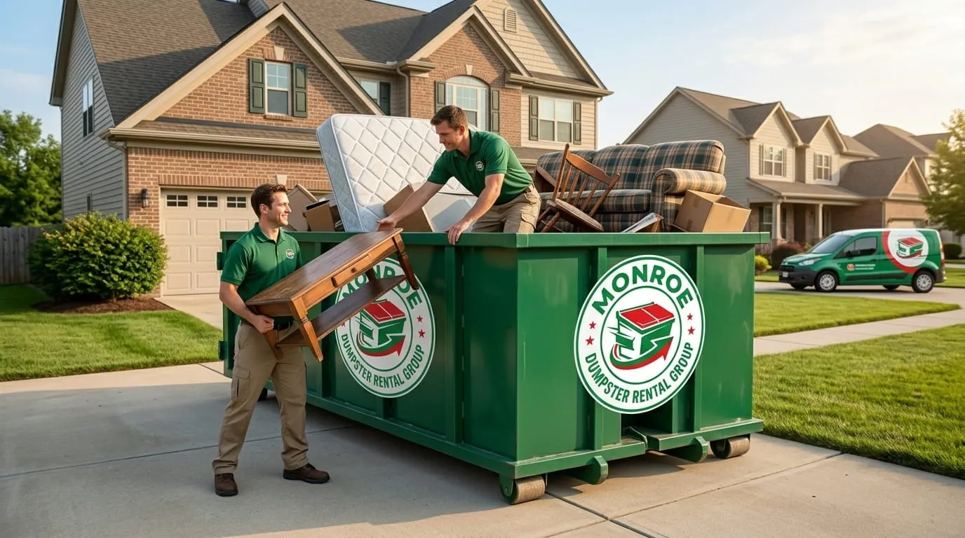 Junk removal in Monroe, NC Workers loading furniture and junk into a dumpster in Monroe, NC
