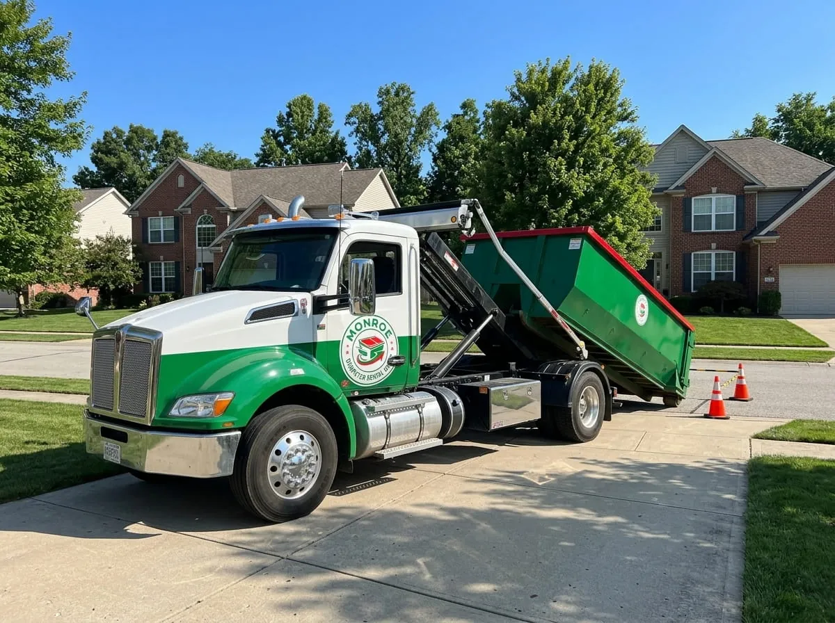 Roll-off construction dumpster being loaded onto a Monroe Dumpster Rental Group truck